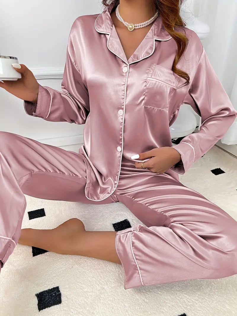 Women's Long Sleeve Satin Pajama Set, Button-Down Shirt & Pants, Fall Loungewear, Solid Color