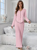 Women's Sweet Solid Textured Frill Trim Pajama Set, Long Sleeve Buttons V Neck Hanky Hem Top & Pants, Comfortable Relaxed Fit For Fall