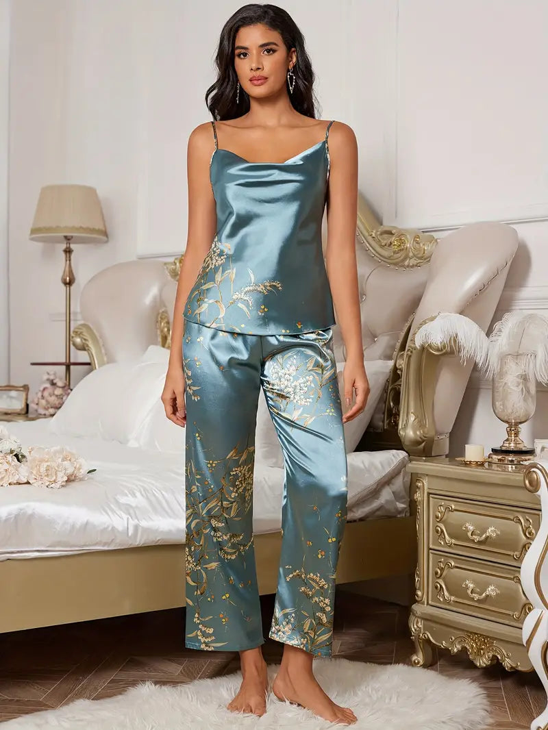 2-Piece Women's Pajama Set, Satin Nightwear with Cherry Print, Spaghetti Strap, V-Neck, Comfortable Loungewear, Polyester, Casual Style, for Adults