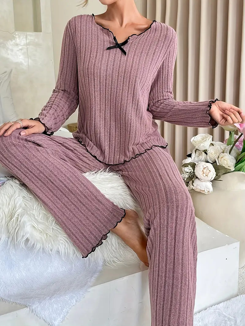 Women's Ribbed Frill Trim Pajama Set with Bow Neck, Long Sleeve Top & Pants, Fall Comfort