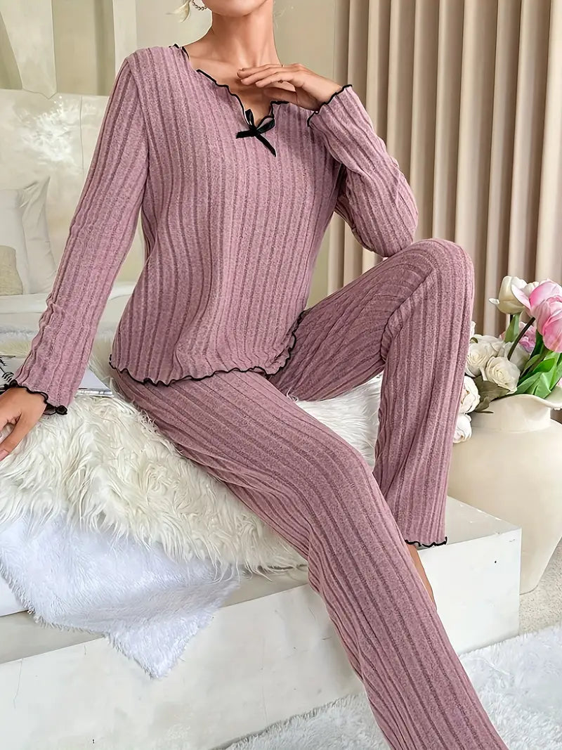 Women's Ribbed Frill Trim Pajama Set with Bow Neck, Long Sleeve Top & Pants, Fall Comfort