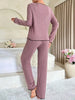 Women's Ribbed Frill Trim Pajama Set with Bow Neck, Long Sleeve Top & Pants, Fall Comfort